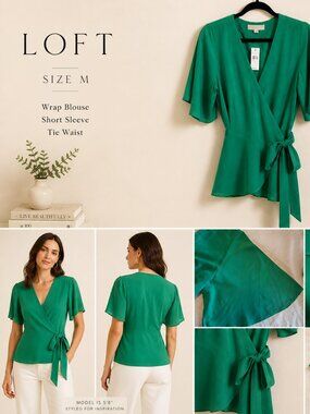 Wrap Emerald Green Blouse Tie Waist LOFT Short Sleeve NWT Size M